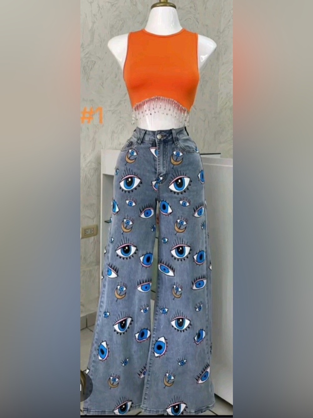 High waist Wide Leg Jeans with printed eyes throughout